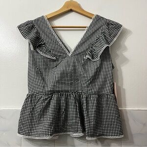 Nanette Lepore S Gingham Ruffle Tencel Peplum Blouse Retro 50s 60s Cottagecore